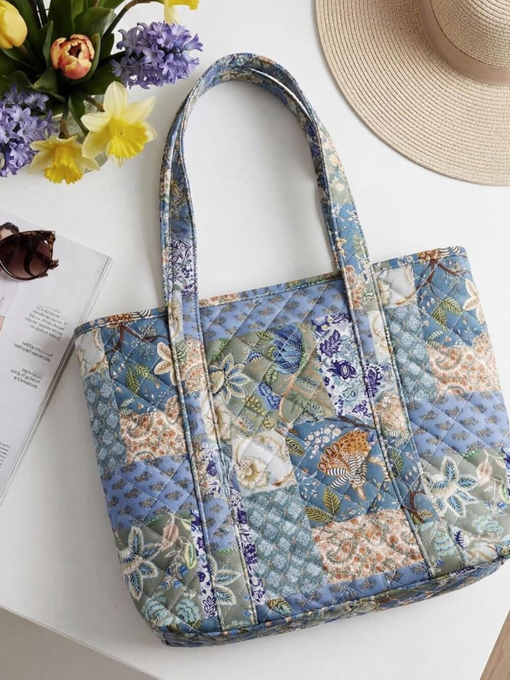 Quilted Tote Bag for Women Small Vintage Floral Shoulder Bag Handbag with Zipper - Picture 2 of 7